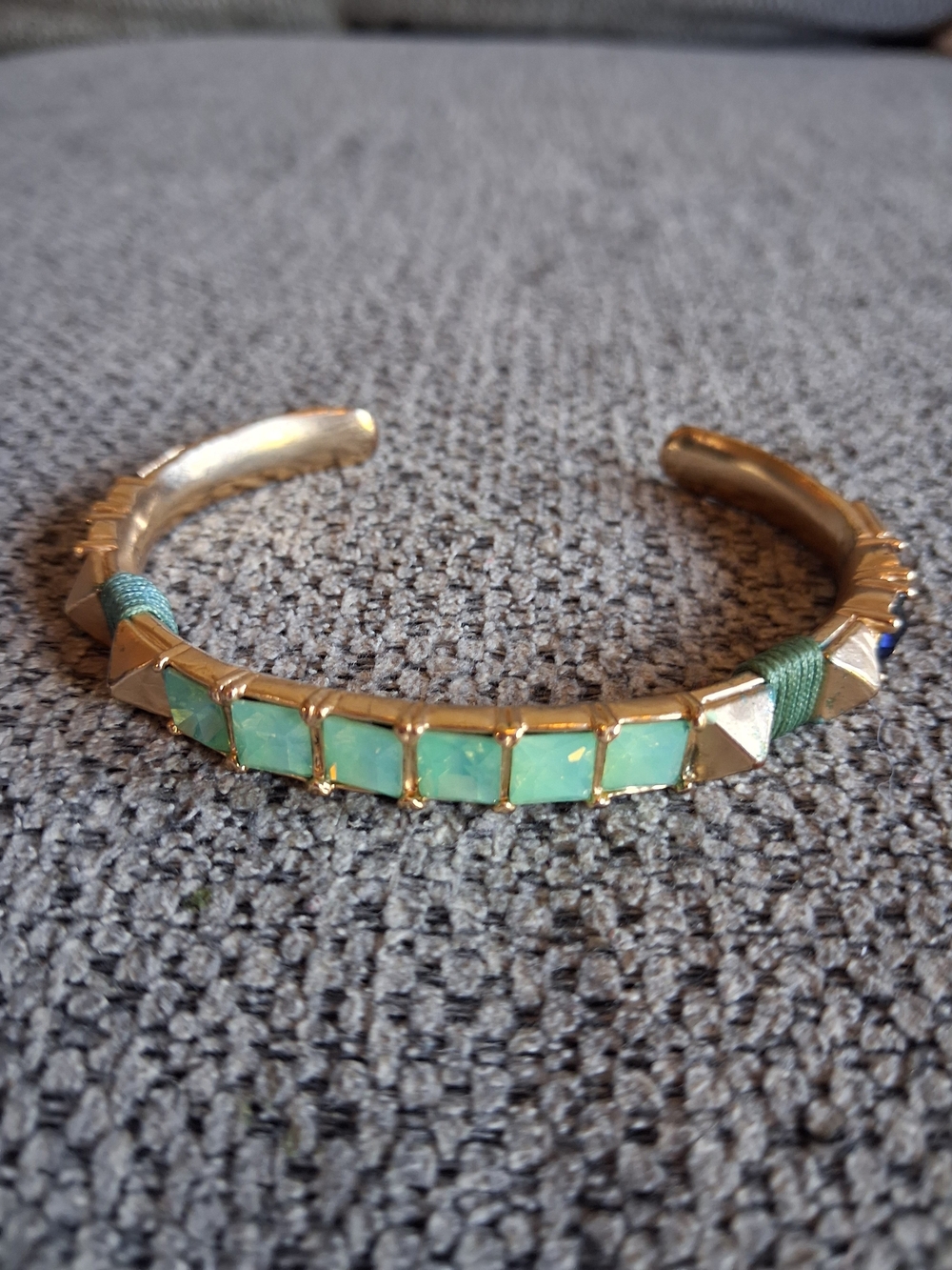 Gold Cuff Bracelet with Mint Green Stone Inlays